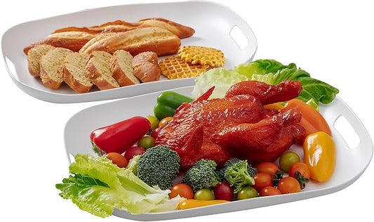 Extra Large Serving Platter, Set of 2, 18.75 x 14.375 x 2 Inch Large Melamine Serving Tray with Handle,Rectangular Serving Trays for Party, Big Turkey Platter, Dishwasher Safe, Matte White