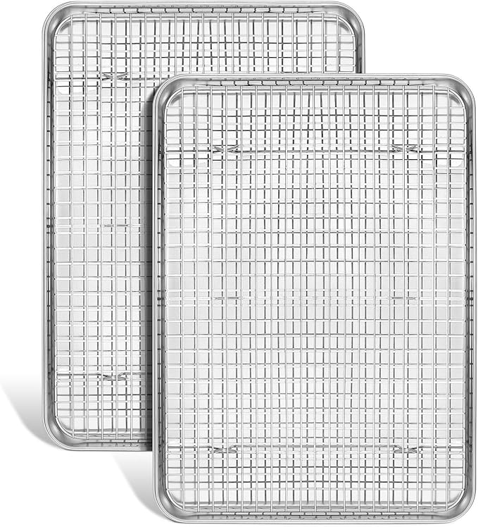 Jelly Roll Pan with Cooling Rack, Leonyo Baking Sheet Pan with Wire Rack, Commercial Stainless Steel & Nonstick Large Cookie Sheet Trays for Oven Cooking, Size 16 x 12 Inch (2 Trays + 2 Racks)