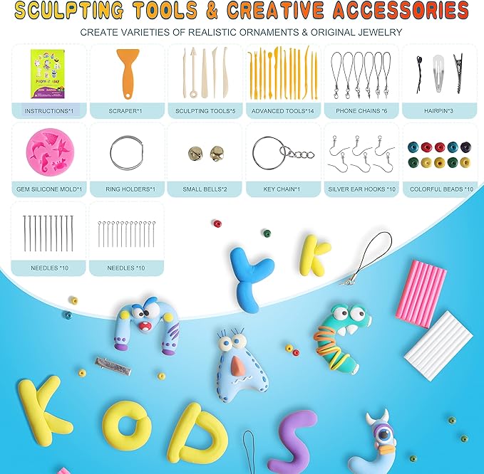 Polymer Clay 60 Colors, Modeling Clay for Kids Oven Baked Model Clay Non-Sticky with Sculpting Tools DIY Starter Kits,and Accessories