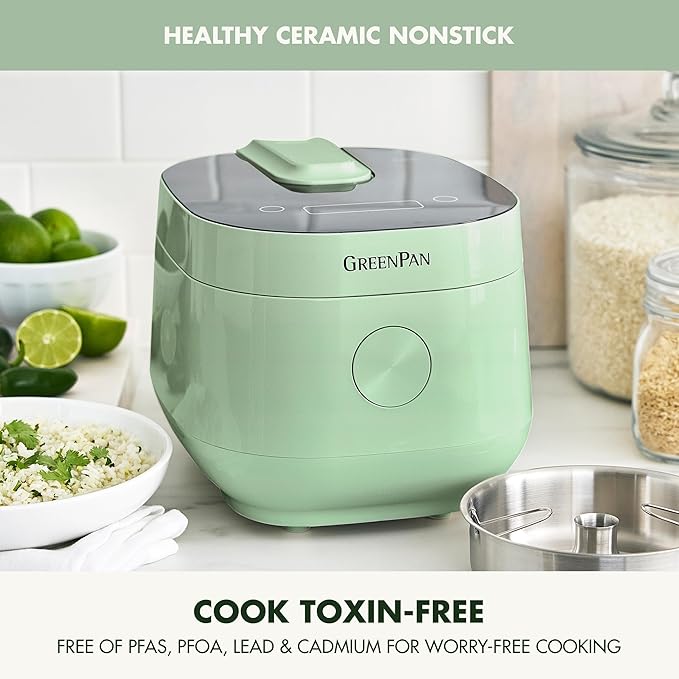 GreenPan Rice Cooker, 8 Cups Cooked (4 Uncooked), Low-Carb & Soup Mode,10 ONE-TOUCH Cooking Presets, PFAS-Free Ceramic Steamer Basket, Fuzzy Logic, Auto Keep Warm, Oats, 24HR Delay Timer, Mint Green