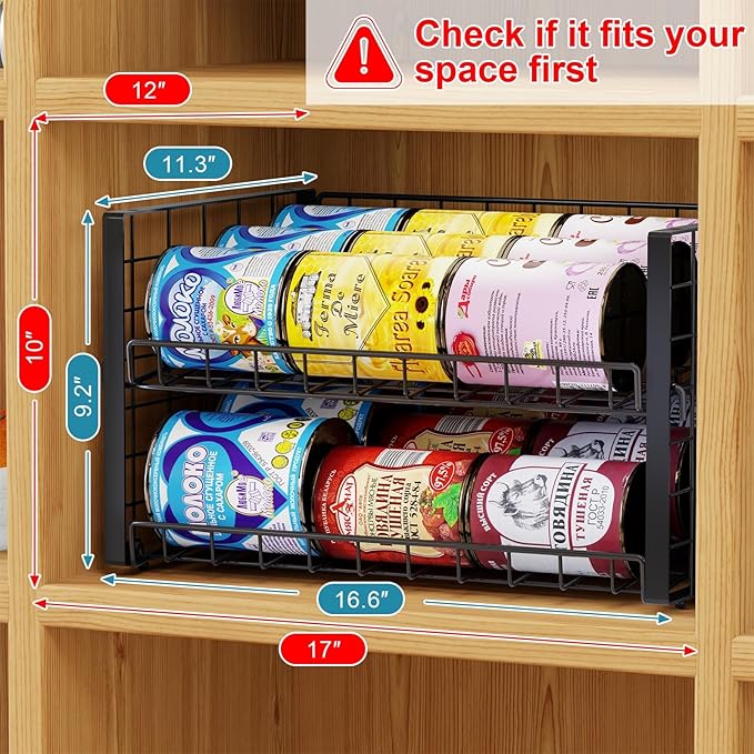 3-Pack Stackable Can Rack Organizer for Pantry, Adjustable Can Holder for Various Ounce of Cans up to 90, Rolling Can Dispenser for Canned Food Soup Goods Storage in Kitchen Cabniet, 2 Tier, Black