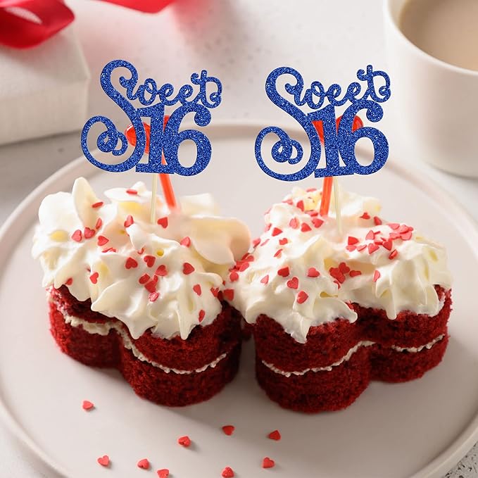 Gyufise 24 Pack 16th Birthday Cupcake Toppers Glitter Sixteen Happy Sweet 16 Cupcake Picks Cheers to 16 Years Old Cupcake Decorations for 16th Birthday Anniversary Party Cake Decorations Supplies Blue