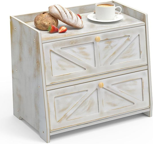 Vintage Double Layer Bread Box for Kitchen Counter Bamboo Bread Storage Container Large Capacity Bread Storage Bin (Antique White)