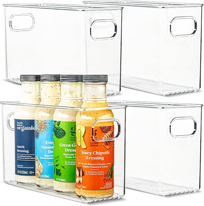 Plastic Food Storage 4 Pack Clear Container Bin with Handles for Organizing Kitchen, Pantry, Refrigerator, Freezer, Pantry, Cabinet, Closet, Bathroom. 10”x4”x6”