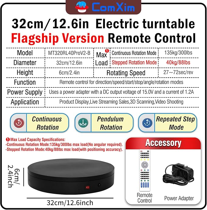 12.6In Remote Motorized Electric Turntable Rotating Display Stand Rotating Platform Photography Turntable motorized lazy susan base giratoria para for Photography,3D Scanner,(Load Range:88~300lbs)