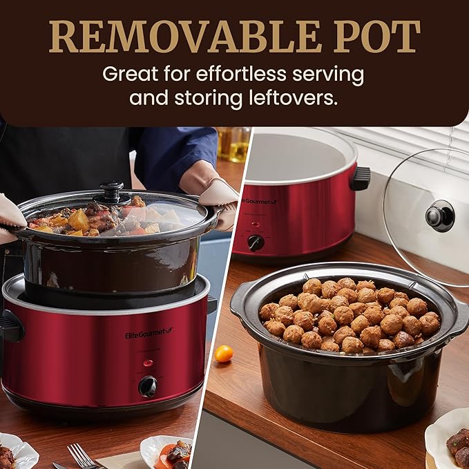 Elite Gourmet MST-900RXT# Electric Ceramic XL Jumbo Slow Cooker, Adjustable Temp, Entrees, Sauces, Stews & Dips, Dishwasher Safe Glass Lid & Crock, 8.5Qt, MetallicRed