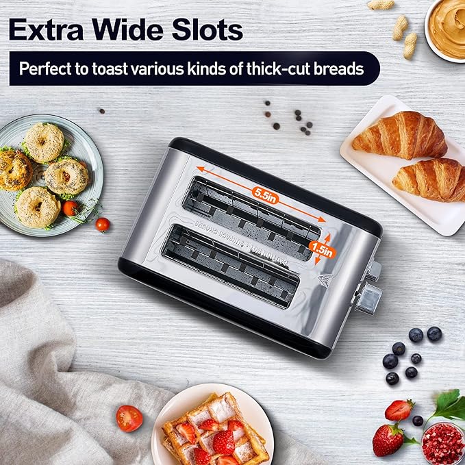 CUSIMAX Stainless Steel 2 Slice Toaster with LED Display, Extra-wide Slots, 6 Browning Settings, Cancel/Bagel/Defrost, Removable Crumb Tray, Black