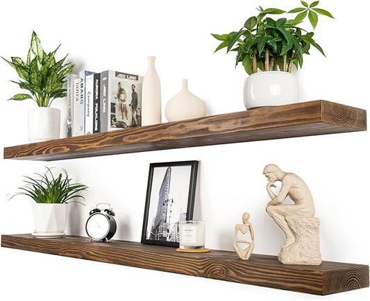 Rustic Floating Shelves 60 inch Long 8 "deep Set of 2, Heavy Duty Wood Wall Mounted Shelves for Bathroom Living Room Kitchen,Book Shelves with Thickened Hidden Bracket- Walnut