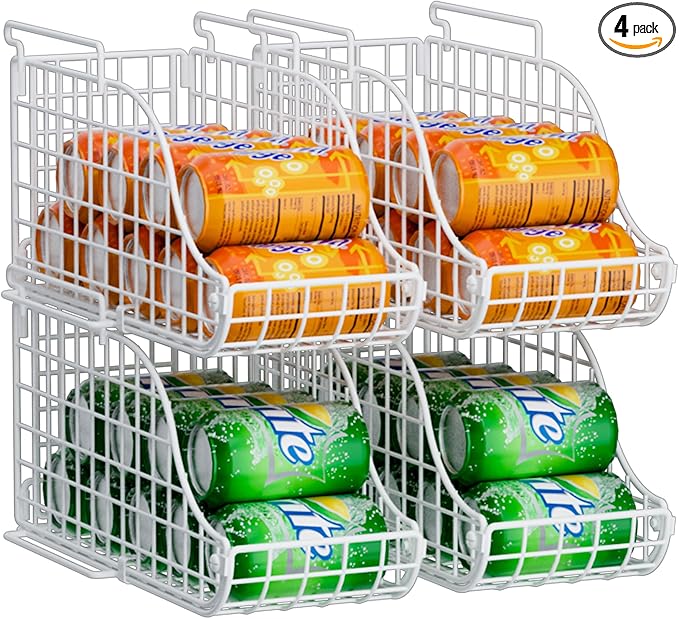 Can Storage Organizer Pantry, Stackable Kitchen Canned Food Holder With Handles, Can Organizer For Pantry Countertop Cabinet, Beverage Drink Pop Soda Can Dispenser Patent Pending (White, 4 Pack)