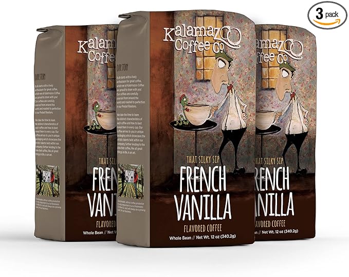 KALAMAZOO COFFEE COMPANY French Vanilla Whole Bean Coffee - That Silky Sip Flavored Coffee | 12oz Bag (3 Pack)