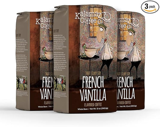 KALAMAZOO COFFEE COMPANY French Vanilla Whole Bean Coffee - That Silky Sip Flavored Coffee | 12oz Bag (3 Pack)