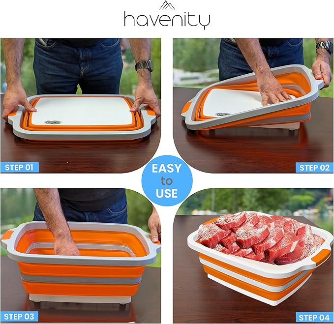 BBQ Prep Tub, 16L Multifunctional Camping Cutting Board with lid, Meat Prep Tub for Meal Prep Marinating Food, Marinating Container with Lid, Collapsible Food Storage Containers