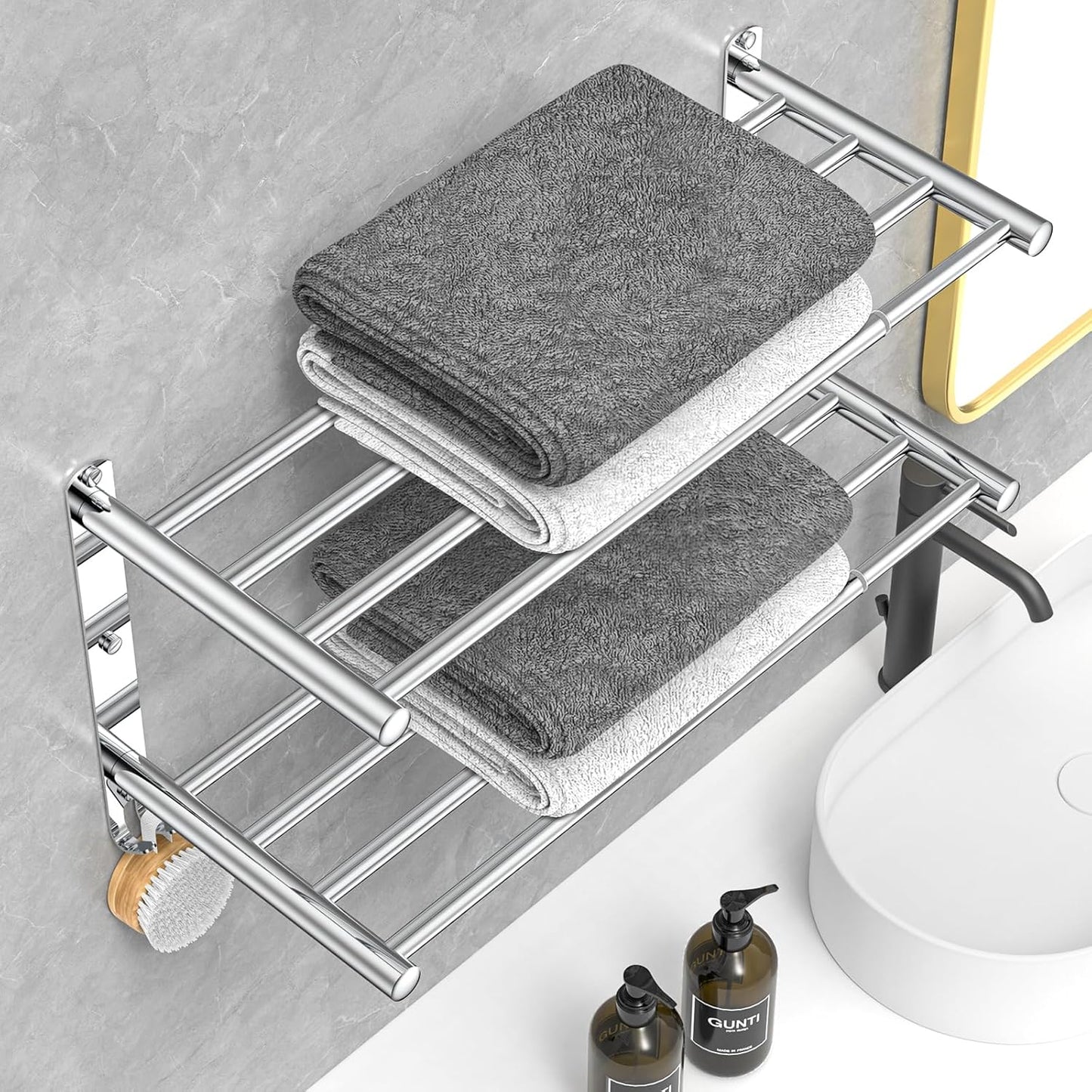 Adjustable Towel Bar for Bathroom Wall Mount17-30.7inch Adhesive Shower Towel Rack Stainless Steel Bath Towel Holders for Toilet Kitchen Double Towel Hanger (Double Towel Rack)
