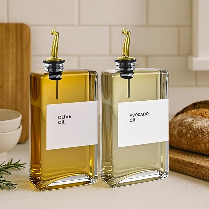 Olive Oil Dispenser Bottle - Includes 44 Kitchen Essential Labels - Cooking Oil Bottles for Kitchen, Coffee Syrup Dispenser - Pourer Spout with 11.8 fl oz Glass Container Cruet - 4pcs, Gold
