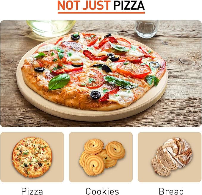 12 Inch Pizza Stone for Oven and Grill, Round Cordierite Baking Stone Thermally Shock Resistant for No More Soggy Pizza, Includes Scraper, Fits Standard Ovens (0.6" Thick)