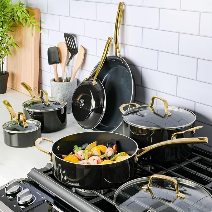 Martha Stewart Lockton 14 Piece Premium Non-Stick Heavy-Gauge Aluminum Cookware Combo Set (Pots, Pans, and Tools) - Black w/Gold Handles