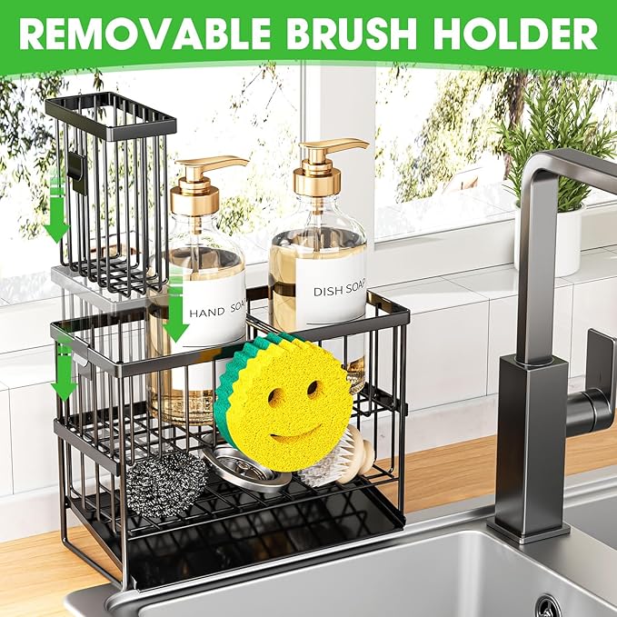 Sponge Holder for Kitchen Sink, 2 Tier Smiley Face Sink Caddy Organizer with High Brush Holder, Self-Draining Sponge Holder for Sinks, Soap Dispenser Organizer, Rustproof 304 Stainless Steel
