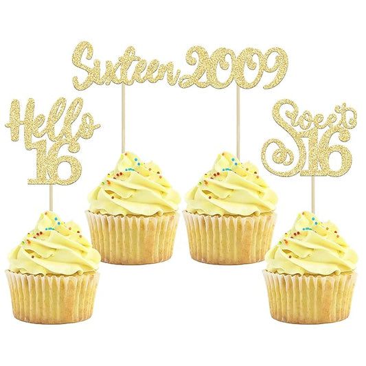 Gyufise 24pcs Sweet 16 Cupcake Toppers - Gold Glitter, Hello 16, Cupcake Picks, Cake Decorations for 16th Birthday Party Supplies