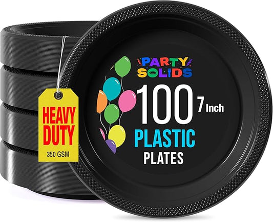 Exquisite Party Solids Black Plastic Plates For Party 7" Black Disposable Plates Heavy Duty Supplies 100 Pcs Plastic Dinnerware Sets Heavy Duty 350 GSM Disposable Dinnerware Set