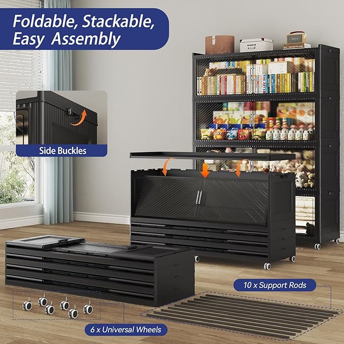 320GAL Extra Large Storage Bins with Lid, 1280QT Plastic Stackable Storage Bins with 6x Wheels, Collapsible Closet Organizer and Storage Drawer Cabinet for Living Room Office Dorm, 4Pack Black