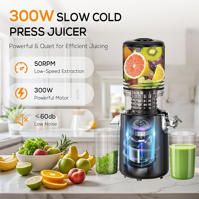 Cold Press Juicer Machines, 5.3” Large Feed Chute Slow Masticating Juicer for Whole Fruits & Vegetables, 300W Quiet Juice Extractor, Easy to Clean, Anti-Clog, No Drip, 99% High Juice Yield