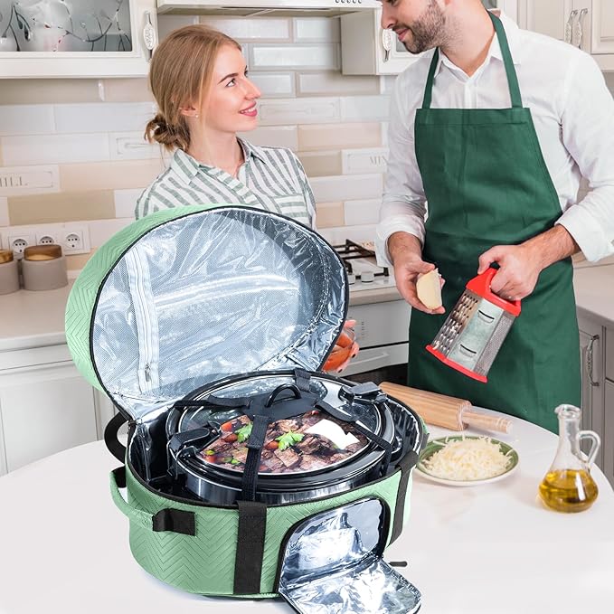 Insulated Slow Cooker Carrying Bag for 6-8 Quart CrockPot and Hamilton Beach Slow Cooker with See-thought Window, Portable Carrier Case with Adjustable Band and Accessory Pocket