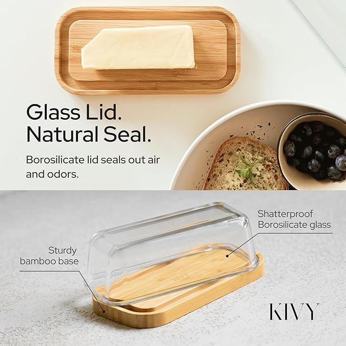 KIVY Glass butter dish with airtight lid that keeps butter soft - For countertop and refrigerator door shelf - Butter tray with lid fridge - Butter holder for counter - Covered butter dishes