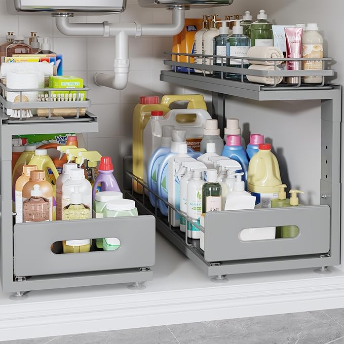 2 Pack 21 in Depth Pull Out Cabinet Storage with Smooth Rails,2-Tier Dual Pull Out Cabinet Storage for Bathroom Kitchen,Under Sink Shelf-Gun Gray