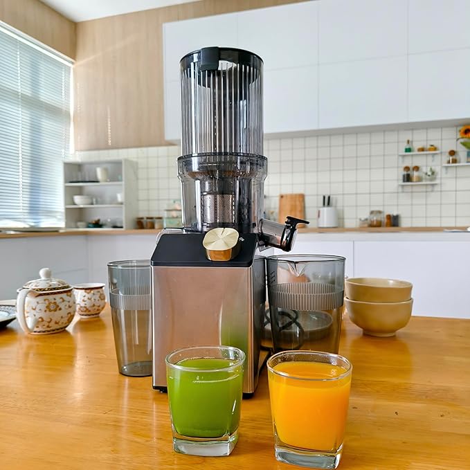 Cold Press Juicer, Juicer Machines with 4.35'' Wide Feed Chute, Stainless Steel Masticating Juicers Easy to Clean, Ergonomic Operational Panel Design, High Juice Yield, Golden Knob