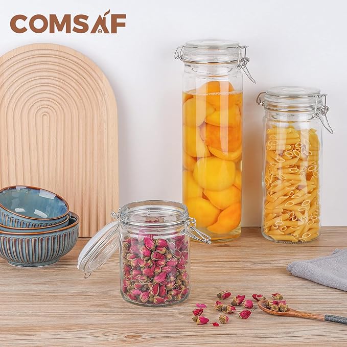 ComSaf Airtight Glass Canister with Lid Set of 6, 25oz Food Storage Jar, Mason Jars, Storage Container with Seal Wire Clamp Fastening for Kitchen Fermenting Preserving Canning Pasta Flour Cereal