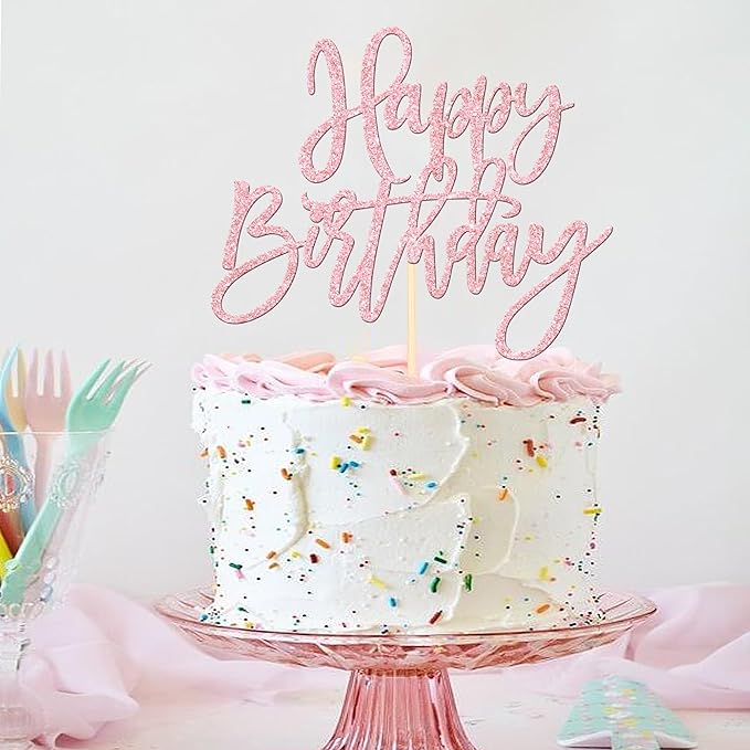 1 PCS Happy Birthday Cake Topper Glitter Cake Pick for Celebrating Anniversary Theme Party Cake Decorations Supplies Light Pink