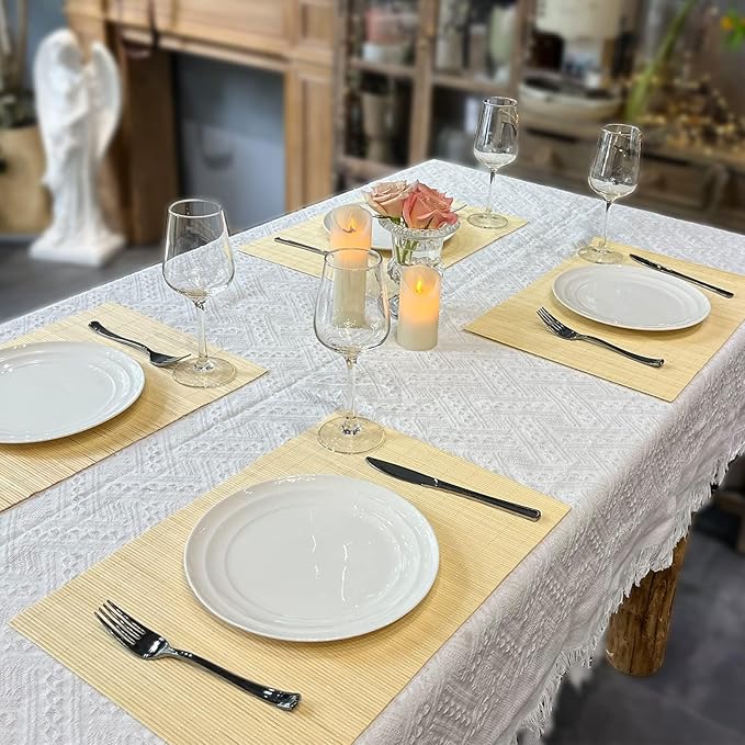ANDSTAR Bamboo Placemats Set of 8 Waterproof - 12x18 Inch Reusable Table Mats for Dining, Eco-Friendly Heat Resistant Dishwasher Safe Kitchen Decor, Farmhouse Style Home Gift (Natural Color)