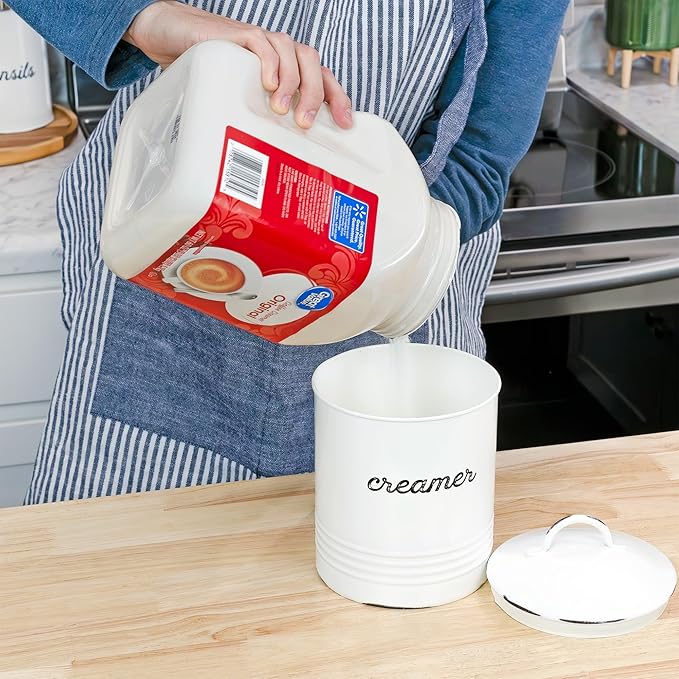 AuldHome Design Enamelware White Creamer Canister; Rustic Distressed Style Coffee Accessory Storage for Kitchen