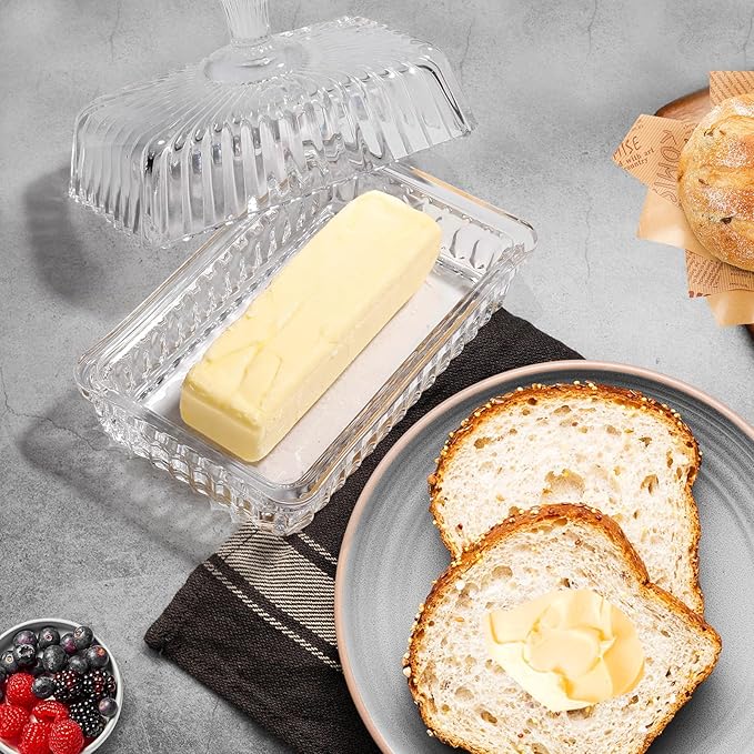 Wide Glass Butter Dish with Cover for Countertop,Vintage Crystal Butter Keeper for Counter,Covered Glass Butter Holder,Butter Holder for Refrigerator,Butter Tray with Two Stick 4oz Butter