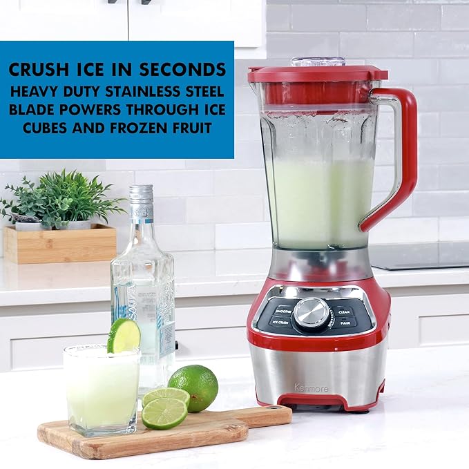 Kenmore Countertop Blender - Electric Mixer, Frozen Smoothie, Shakes, Milkshake, Puree Maker, Licuadora Grinder Kitchen Appliance With Ice Crush & Pulse Function, Dishwasher Safe Pitcher, Red