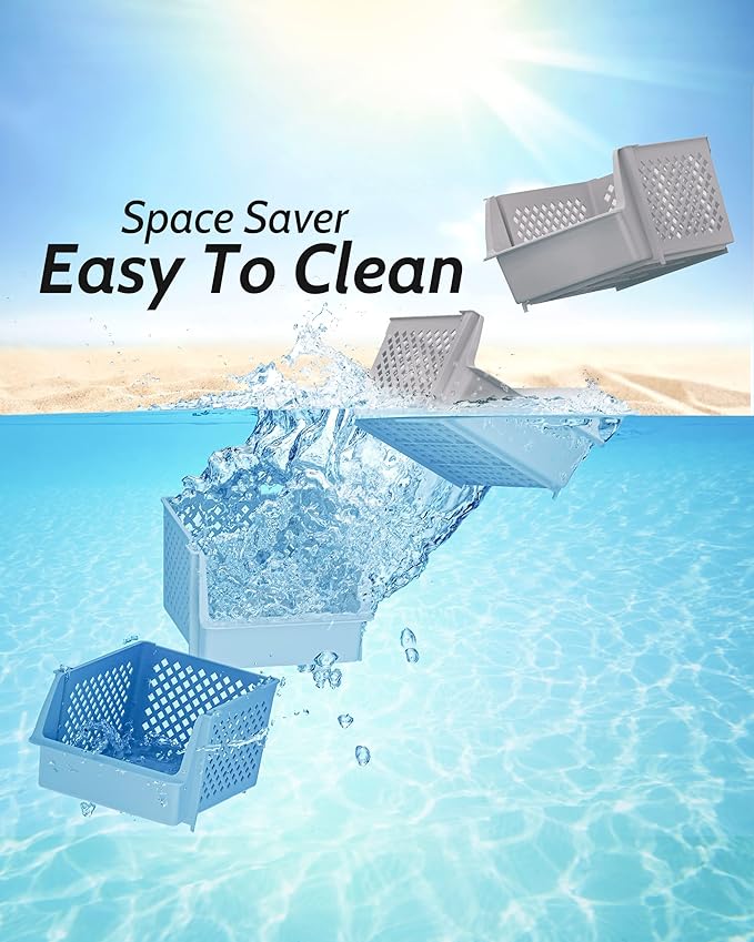 TidyFriend Stackable Storage Bins for Pantry, 4 Pack Stackable Bins For Organizing Food, Kitchen, and Bathroom Essentials (Light Grey)