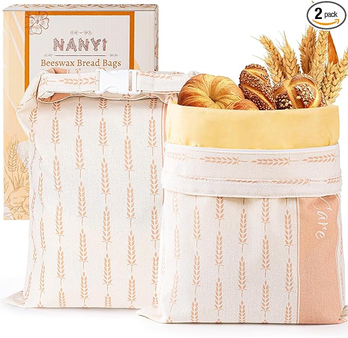 2-Pack Reusable Beeswax Bread Bags for Sourdough & Homemade Bread，Cotton Waxed Bags Keeps Fresh Longer(Amber Wheat)