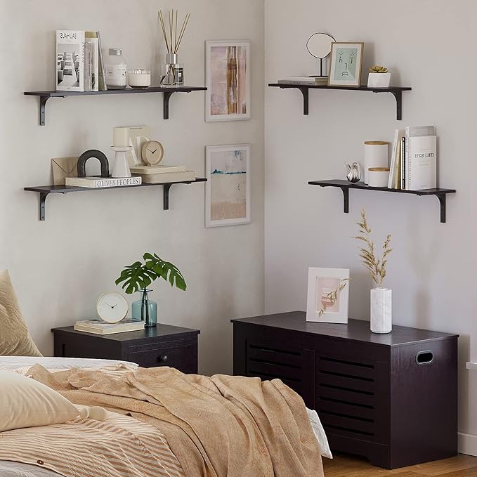 DINZI LVJ Long Wall Shelves, 23.6 Inch Wall Mounted Shelves Set of 2, Easy-to-Install, Wall Storage Ledges with Sturdy Metal Brackets for Living Room, Bathroom, Bedroom, Kitchen, Espresso