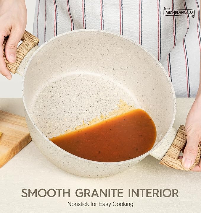 MICHELANGELO 4.3 Quart Nonstick Soup Pot with Lid, Non-Toxic Granite Coating, Induction Compatible, Non Stick Pot for Cooking with Stay-cool Handles, White