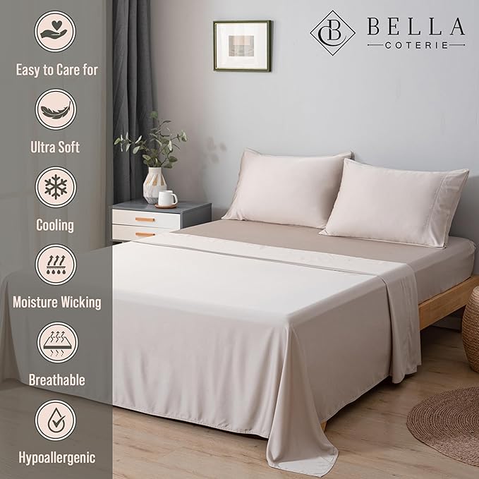 Bella Coterie Luxury Bamboo Viscose Twin XL Size Sheet Set | 100% Organically Grown | Ultra Soft | Cooling for Hot Sleepers | 18" Deep Pocket [Dune]