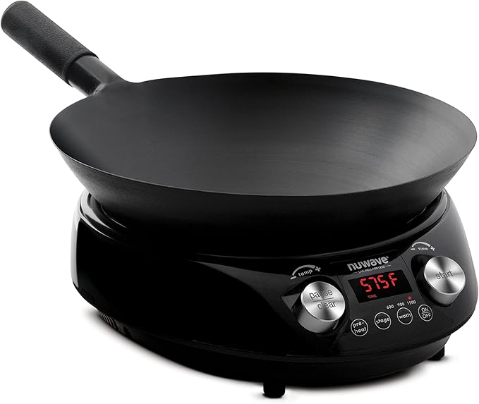Nuwave Mosaic Induction Wok, Precise Temp Controls from 100°F to 575°F in 5°F, Wok Hei, Infuse Complex Charred Aroma & Flavor, 3 Watts 600,900 & 1500, Authentic 14-inch Carbon Steel Wok Included,Black