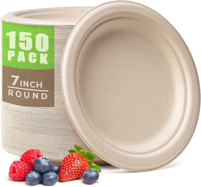 Gezond 100% Compostable Paper Plates 7 Inch, 150pcs Disposable Heavy-Duty Plates Unbleached Biodegradable Plate Made of Sugarcane Fiber