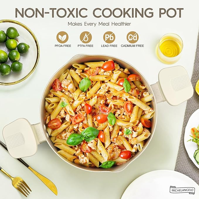 MICHELANGELO Pasta Pot with Strainer Lid - 6 Quart Multipurpose Pot with Twist and Lock Handles, Nonstick Soup Pot with Granite Coating, Induction Compatible, White