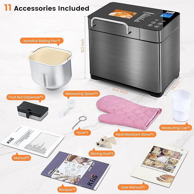 KBS 17-in-1 Bread Maker-Dual Heaters, 710W Machine Stainless Steel with Gluten-Free, Dough Maker,Jam,Yogurt PROG, Auto Nut Dispenser,Ceramic Pan& Touch Panel, 3 Loaf Sizes 3 Crust Colors,Recipes