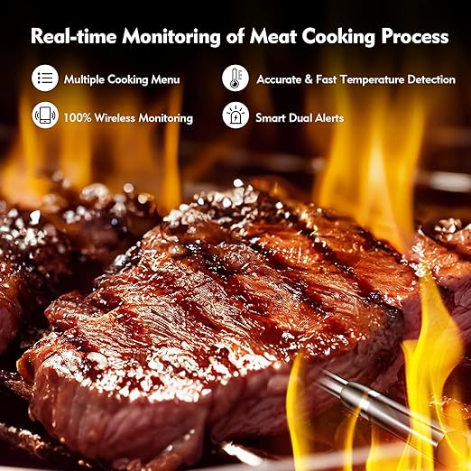 Aurasky Wireless Smart Meat Thermometer, Accurate Temperature Detection Probe, 500FT Remote Monitoring, Dual Alarm, Cooking Meat Thermometer Wireless for Grilling, Smoking, Oven, BBQ, Rotisserie