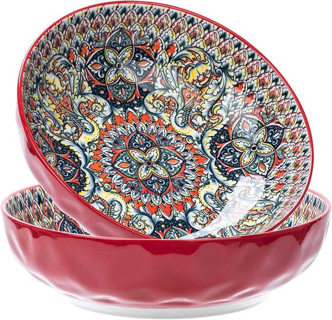 Large Serving Bowls, 75 Oz Fruit Salad Bowls Set of 2, Bohemian Style Large Porcelain Dishes for Entertaining Parties,Big Bowls for Salad, Pasta, Fruit, Chips, 10.3 Inch Diameter (red.red)