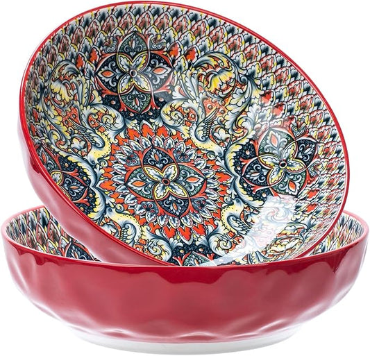 Large Serving Bowls, 75 Oz Fruit Salad Bowls Set of 2, Bohemian Style Large Porcelain Dishes for Entertaining Parties,Big Bowls for Salad, Pasta, Fruit, Chips, 10.3 Inch Diameter (red.red)