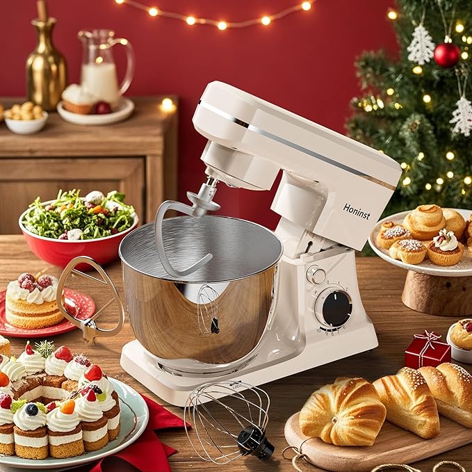 10-Speed Stand Mixer with 8-in-1 Splash Guard, Tilt-Head, 6QT Stainless Steel Bowl + Dishwasher-Safe Dough Hook/Whisk/Beater/Spatula for Baking Bread, Cakes, Cookies, Beige