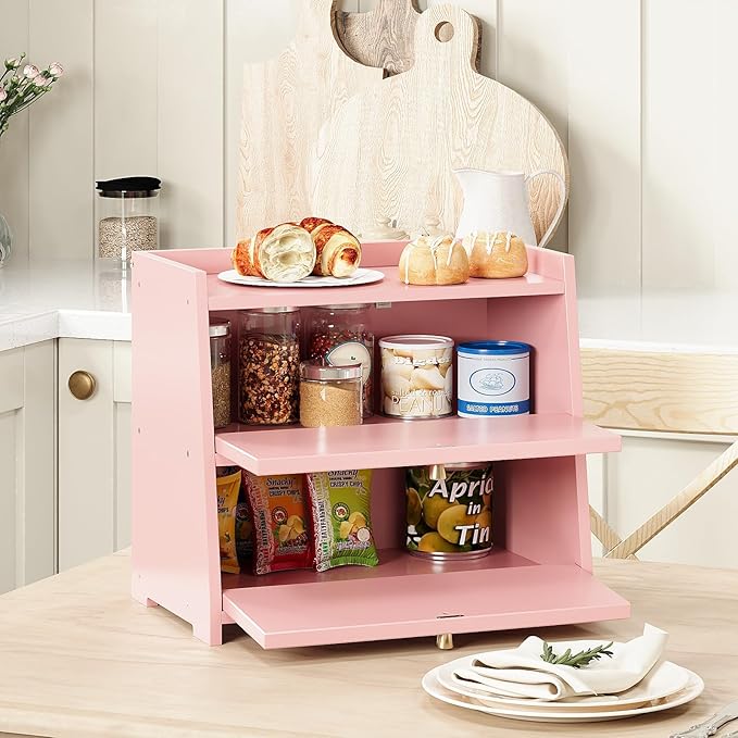 Vintage Double Layer Bread Box for Kitchen Counter Bamboo Bread Storage Container Large Capacity Bread Storage Bin (Pink)