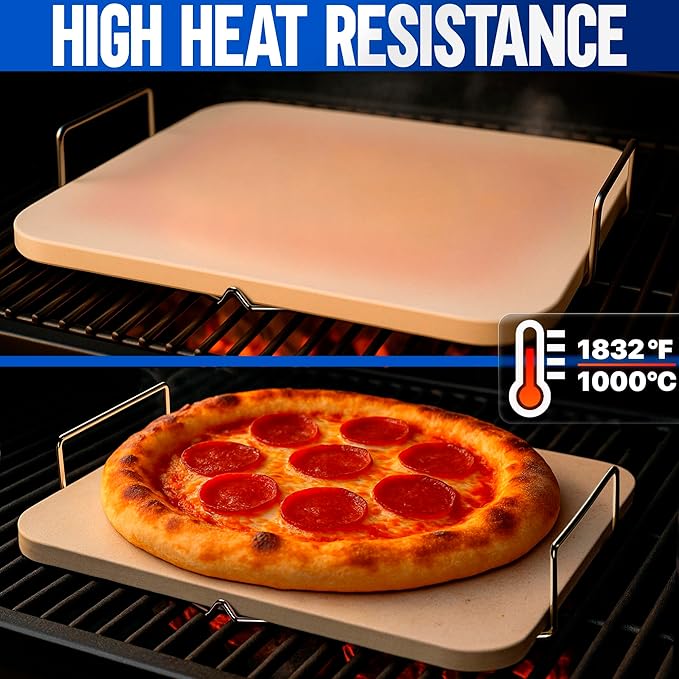 KitchenStar 15x12-inch Pizza Stone for Oven & BBQ Grill with Handles, Rectangular, 5/8" Thick - Natural Cordierite, 1800°F Resistant, Baking Stone Set with Stainless Steel Rack & Plastic Scraper Tool
